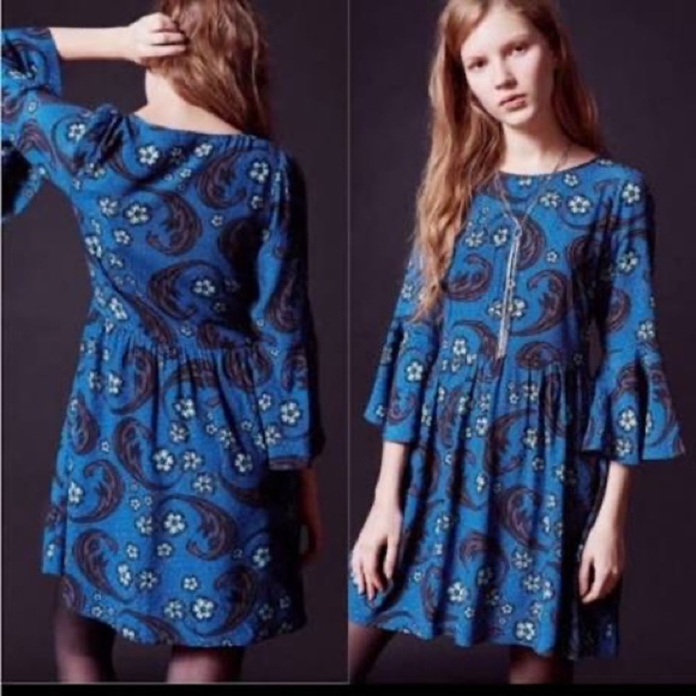 For Love and Lemons / Urban Outfitters Blue Floral Bell Sleeve Dress Size Small